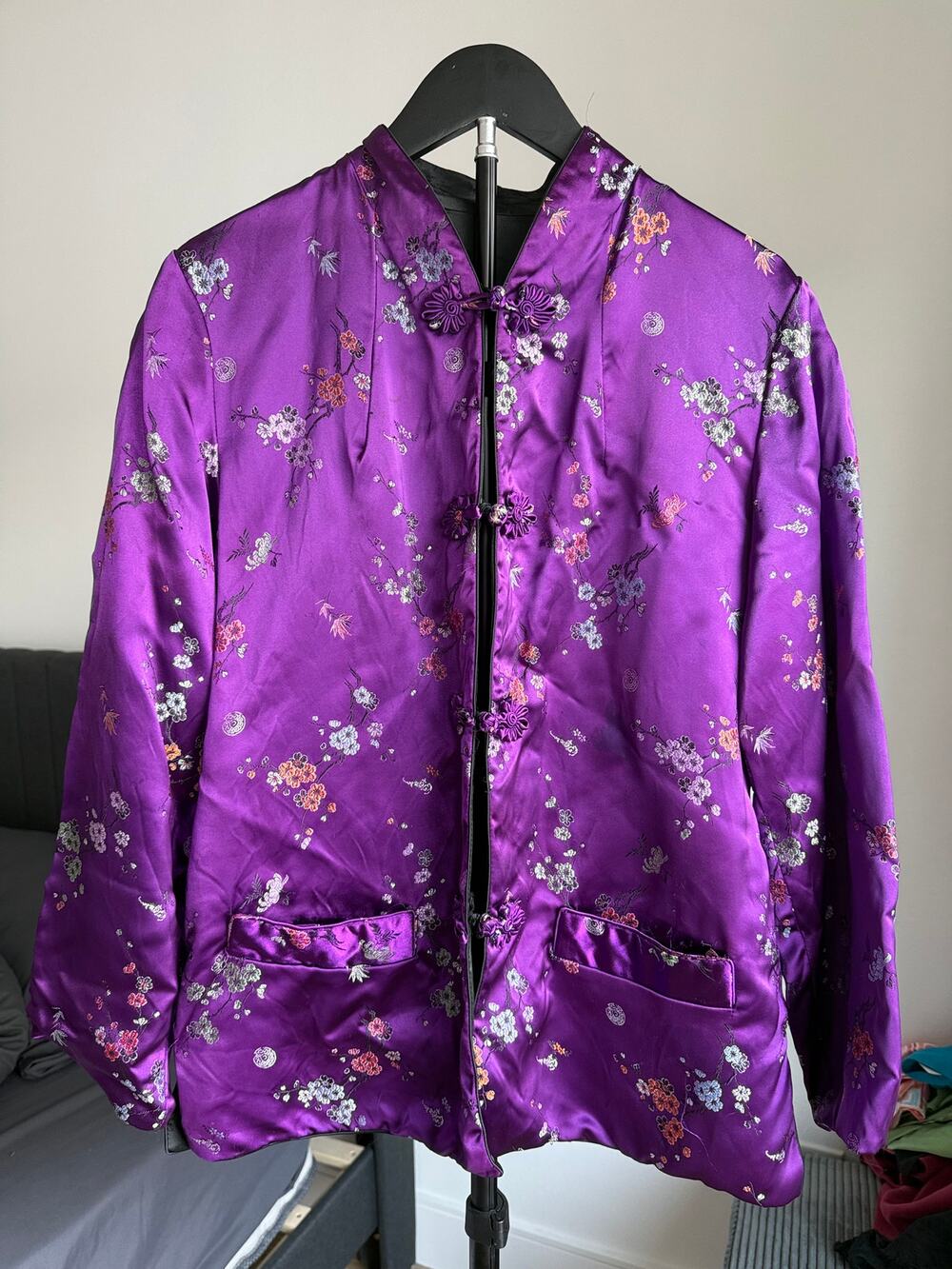 Vintage Purple Brocade Mandarin Jacket Floral Frog Closure Satin S M